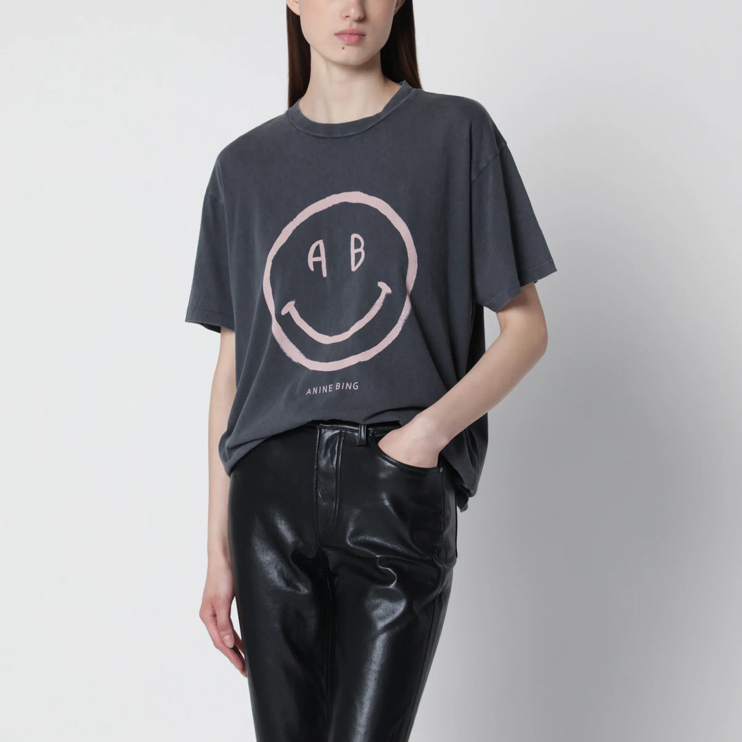 ANINE BING - Cade Tee Smiley graphic cotton T-shirt in Washed Grey Brand T-Shirt XS