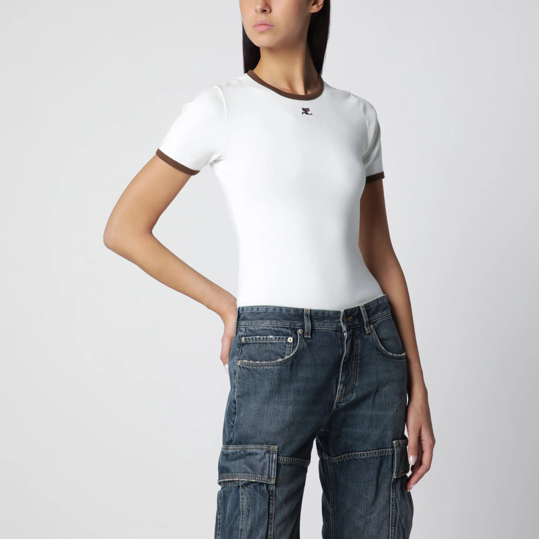 Courrèges - White/Brown cotton T-shirt with contrast crew neck Brand T-Shirt