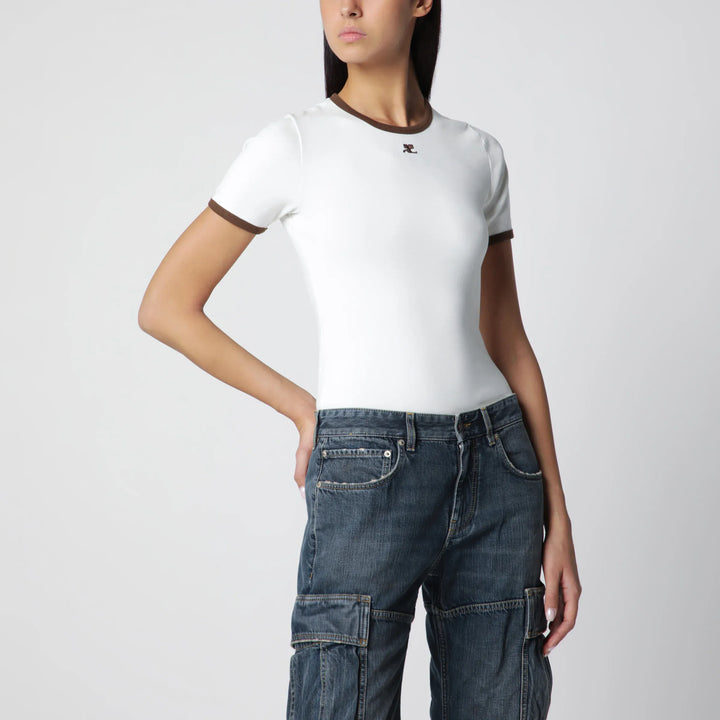 Courrèges - White/Brown cotton T-shirt with contrast crew neck Brand T-Shirt S