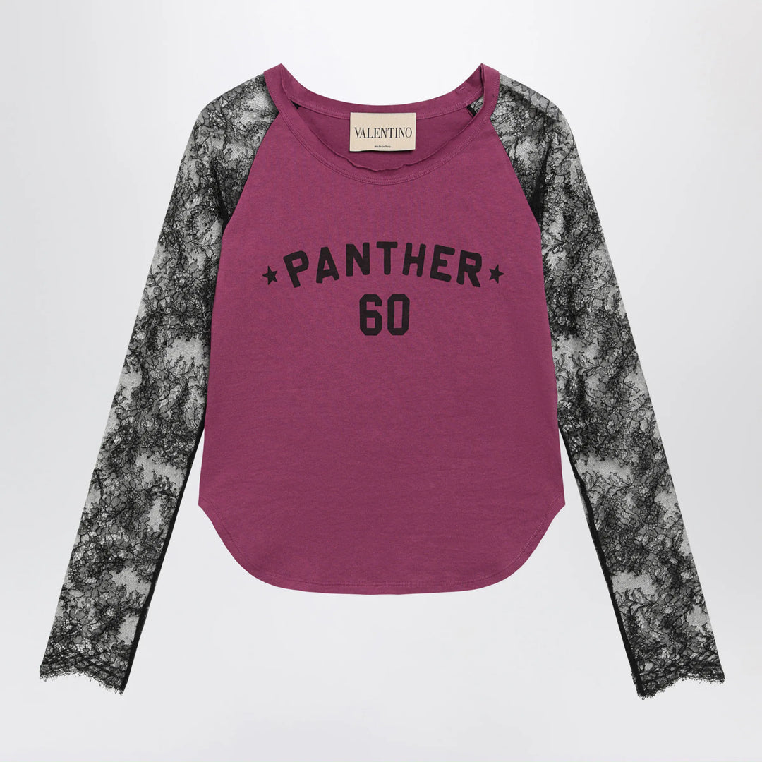 Valentino - Cyclamen Panther 60 T-shirt with black lace sleeves Brand XS