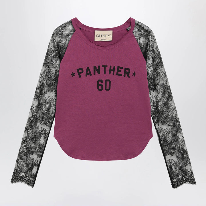 Valentino - Cyclamen Panther 60 T-shirt with black lace sleeves Brand XS