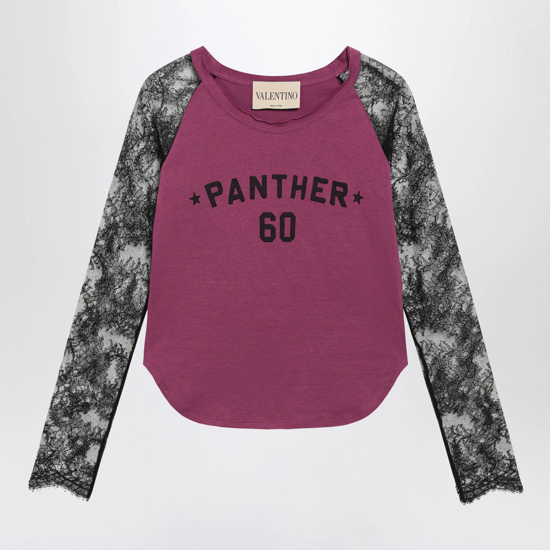 Valentino - Cyclamen Panther 60 T-shirt with black lace sleeves Brand XS