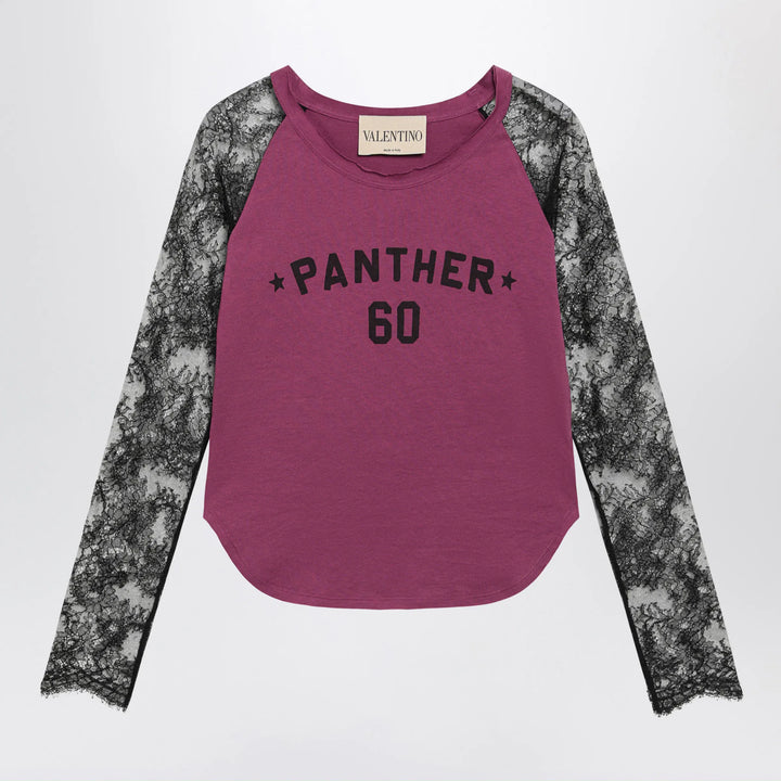 Valentino - Cyclamen Panther 60 T-shirt with black lace sleeves Brand XS