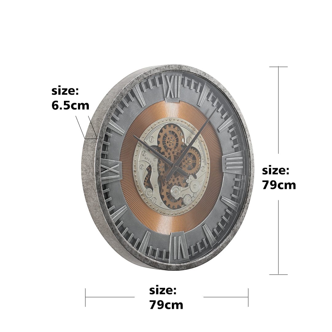 Chilli Wall Clock Gladio Roman Round Industrial Age Moving Cogs Wall Clock - Silver w/Gold Brand
