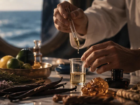 Le Male fragrance mood: perfumer blending aromatic and amber accords by the Mediterranean, editorial illustration