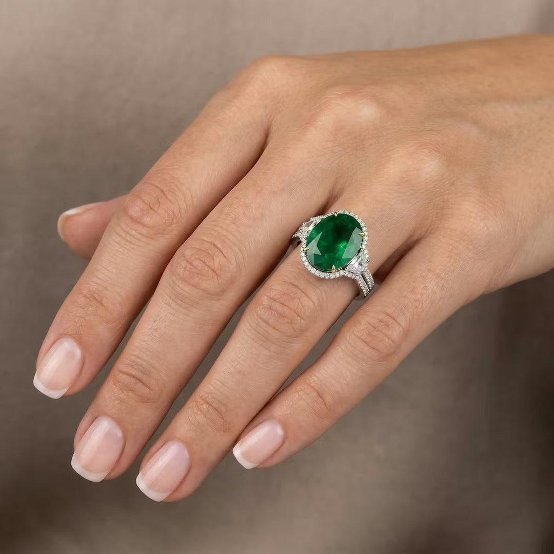 Leibish Muzo Emerald &amp; Cadillac Diamond Three-Stone Halo Ring