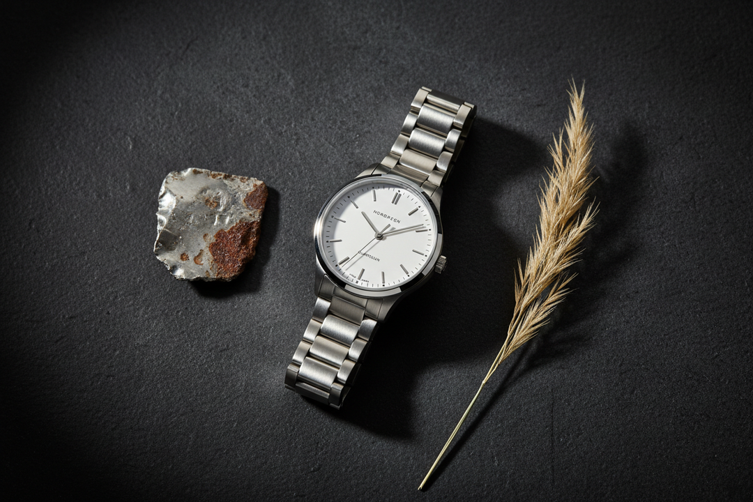 Nordgreen Guardian 40mm Silver Automatic H-Link watch flat lay on dark slate with recycled metal detail
