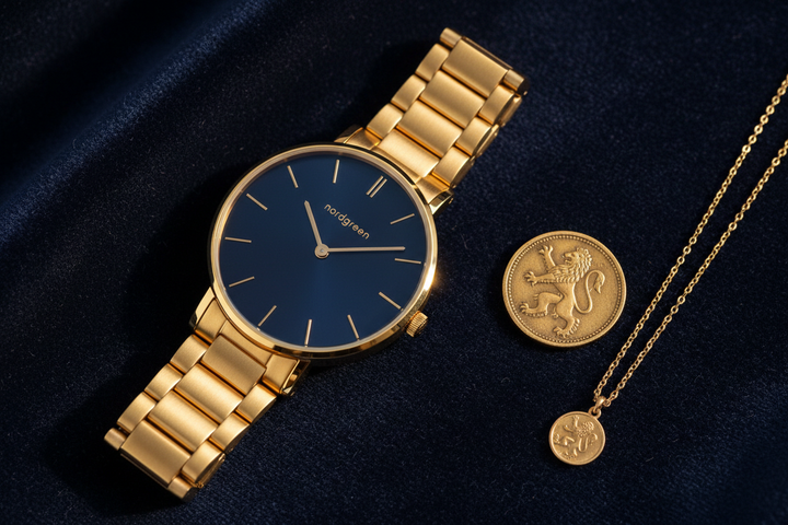 Nordgreen Native 36mm Navy Dial Gold 3-Link watch flat lay on navy velvet with gold chain