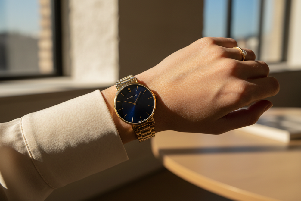 Nordgreen Native 36mm Navy Dial Gold 3-Link watch worn on wrist, luxury lifestyle editorial