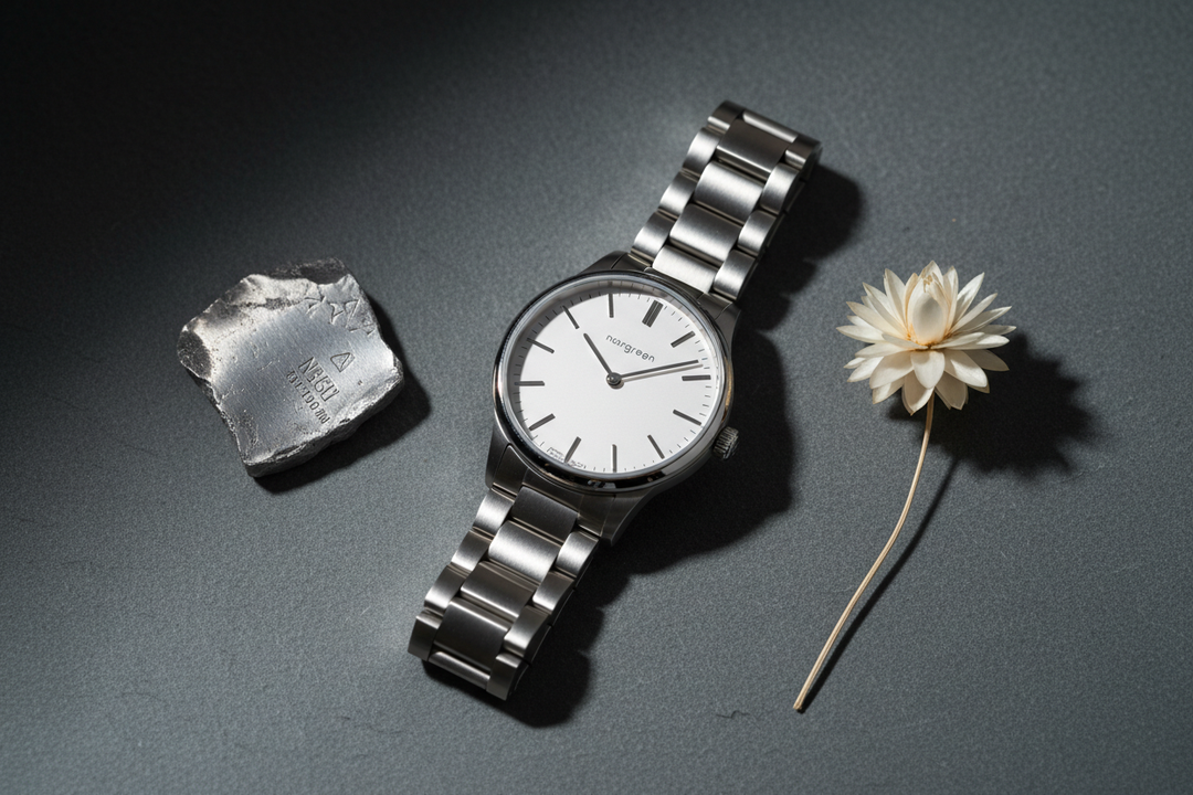 Nordgreen Guardian 36mm Silver Automatic H-Link watch flat lay on grey slate with recycled metal detail