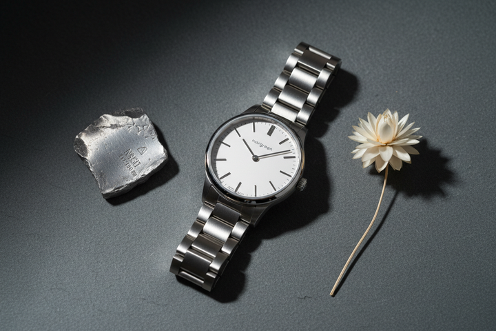 Nordgreen Guardian 36mm Silver Automatic H-Link watch flat lay on grey slate with recycled metal detail