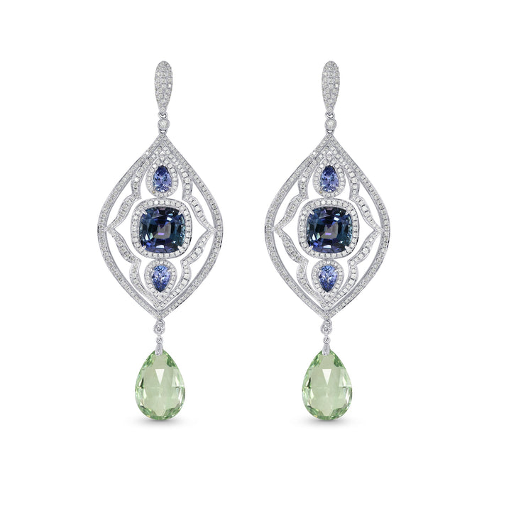 Leibish Tanzanite and Aquamarine Drop Diamond Earrings