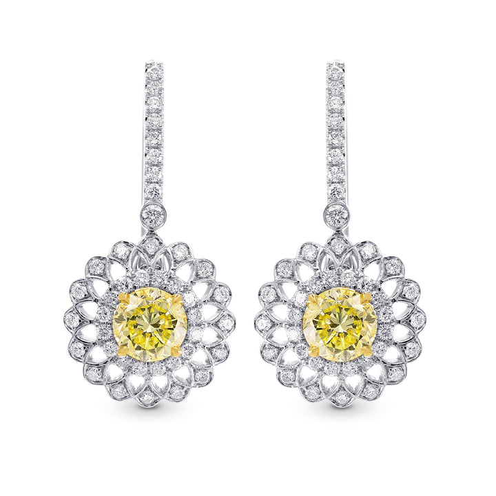 Leibish Fancy Yellow Round Brillant Halo Earrings