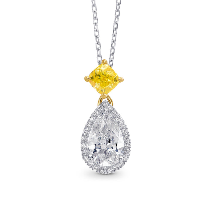 Leibish White Pear and Fancy Intense Yellow Diamond Halo Pendant