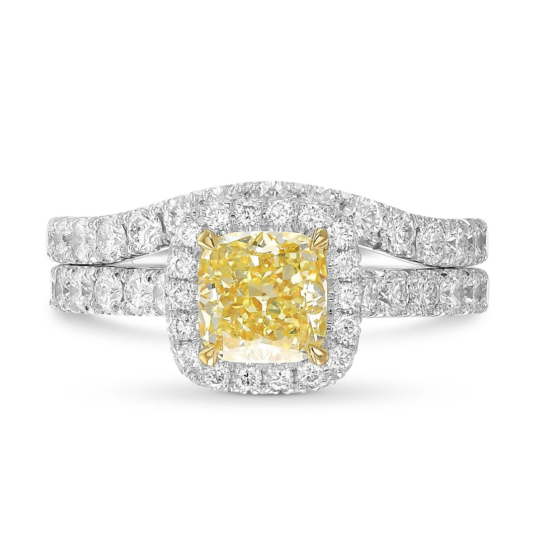 Leibish Fancy Light Yellow Cushion Halo Diamond Ring Set