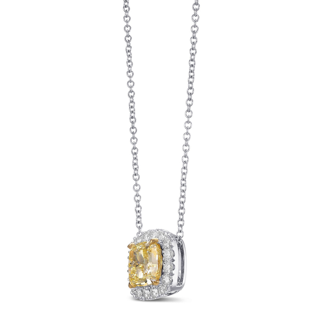 Leibish Fancy Intense Yellow Cushion Diamond Halo Pendant