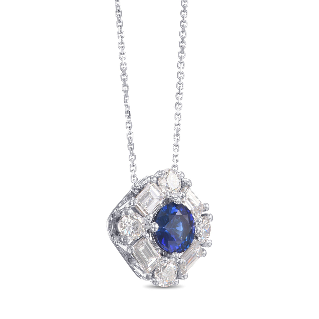 Leibish Round Blue Sapphire and  Baguette Diamond Halo Pendant