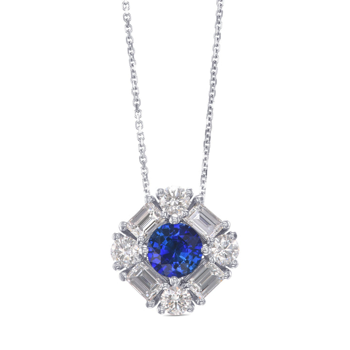 Leibish Round Blue Sapphire and  Baguette Diamond Halo Pendant