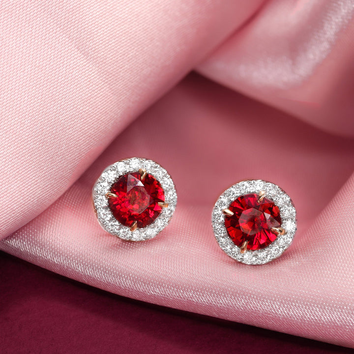 Leibish Round Red Ruby and Diamond Halo Earrings