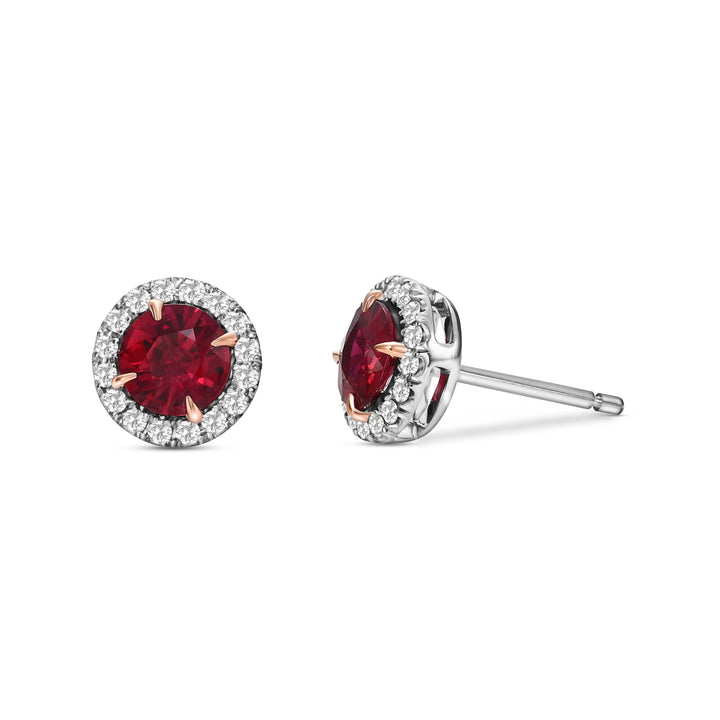 Leibish Round Red Ruby and Diamond Halo Earrings