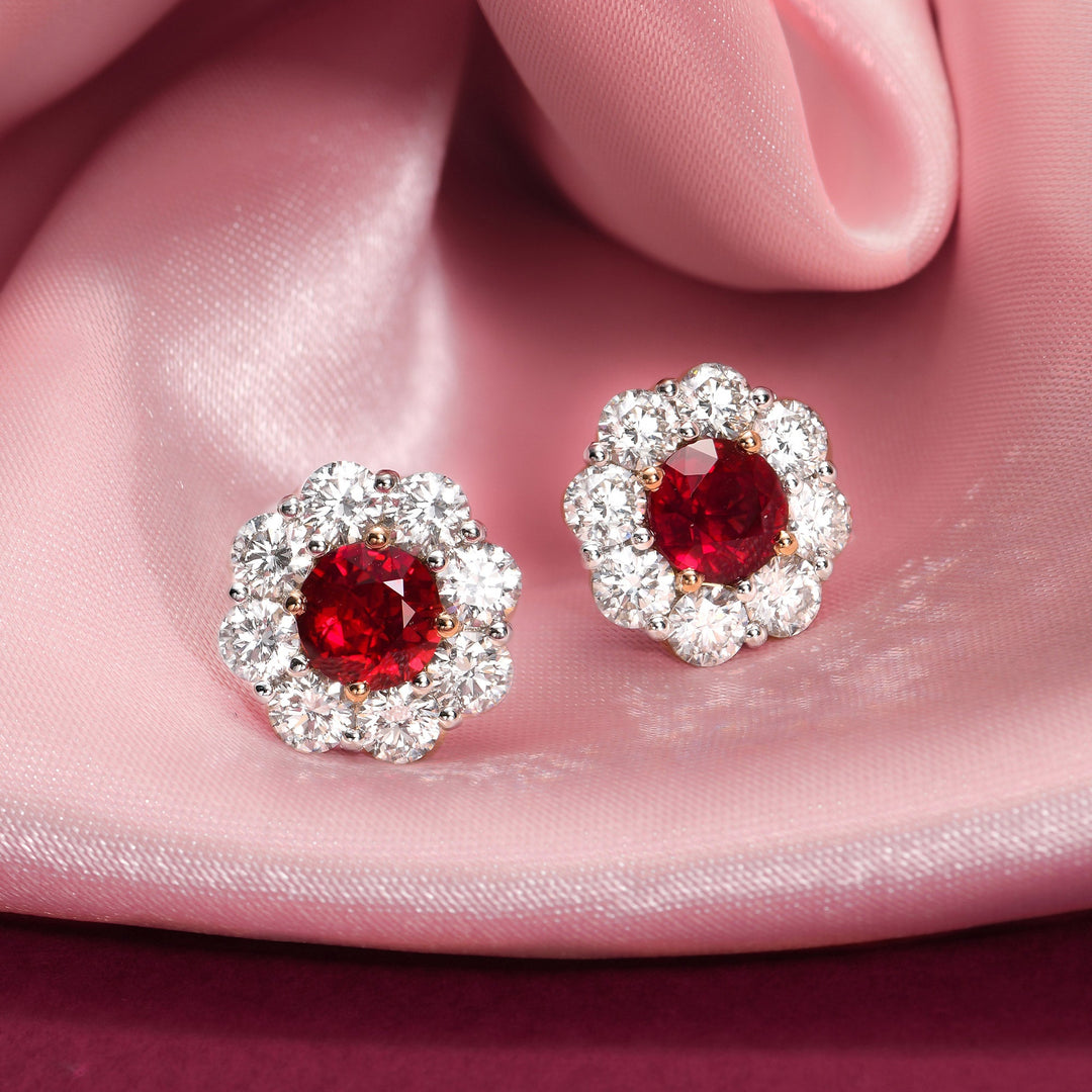 Leibish Mozambique Pigeon Blood Ruby &amp; Diamond Floral Halo Earrings
