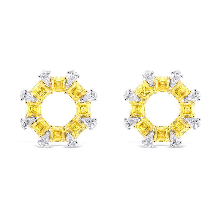 Leibish Fancy Intense Yellow Asscher and Pear Diamond Earrings.