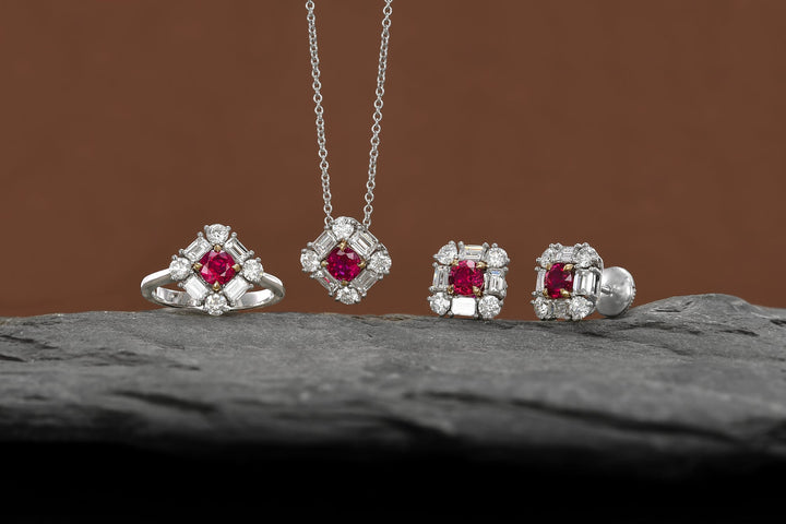 Leibish Cushion Red Ruby and Diamond Halo Ring