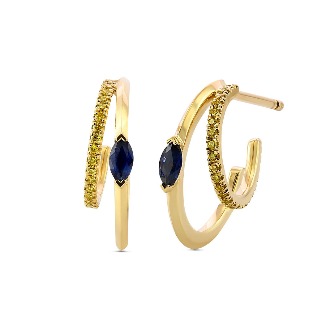 Leibish Marquise Blue Sapphire and Vivid Yellow Diamond Hoop Earrings