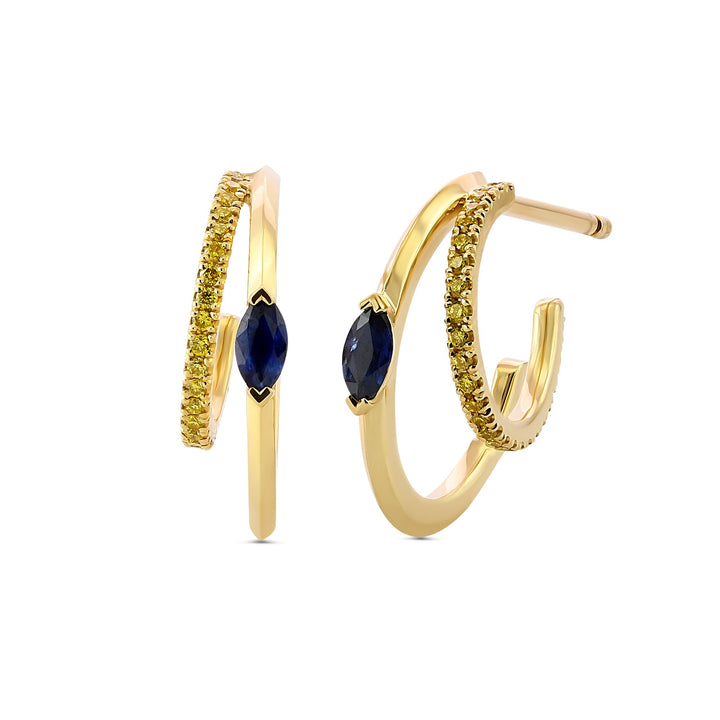 Leibish Marquise Blue Sapphire and Vivid Yellow Diamond Hoop Earrings