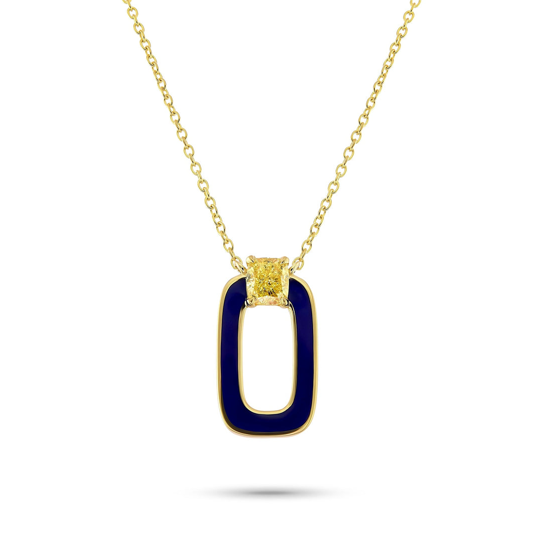Fancy yellow cushion diamond and blue enamel pendant