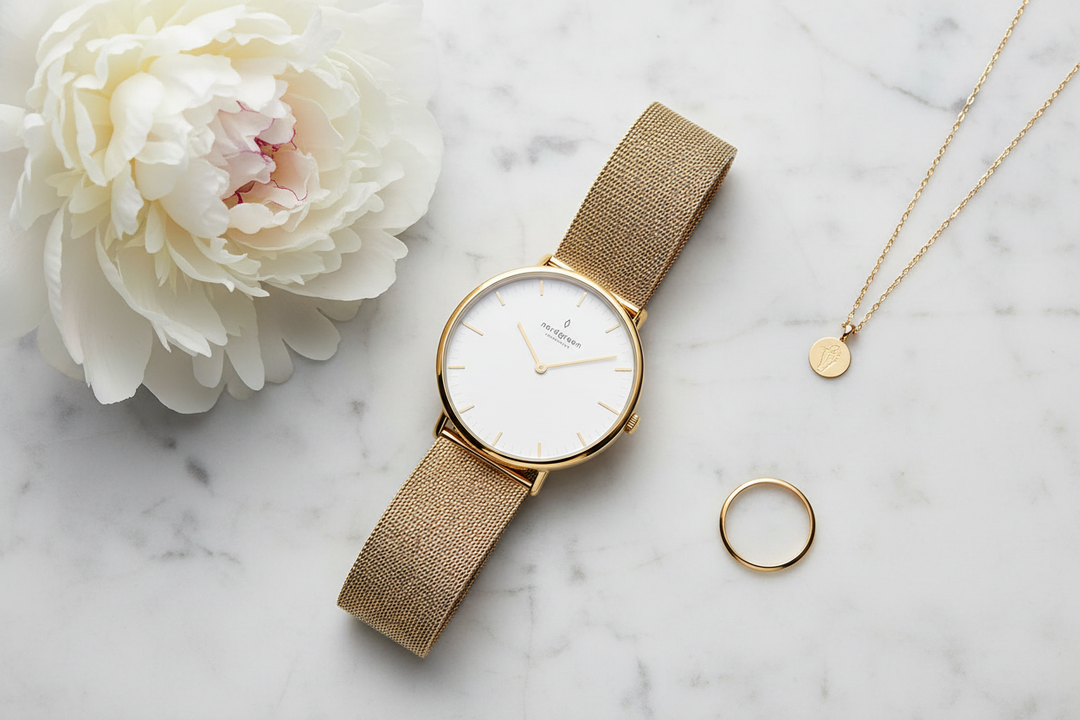 Nordgreen Native Gold Mesh Flat Lay Lifestyle