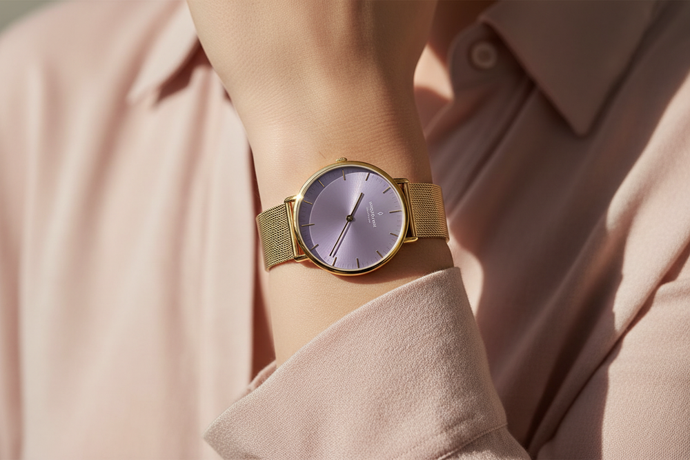 Nordgreen Native Lavender Gold Mesh Wrist Lifestyle v2