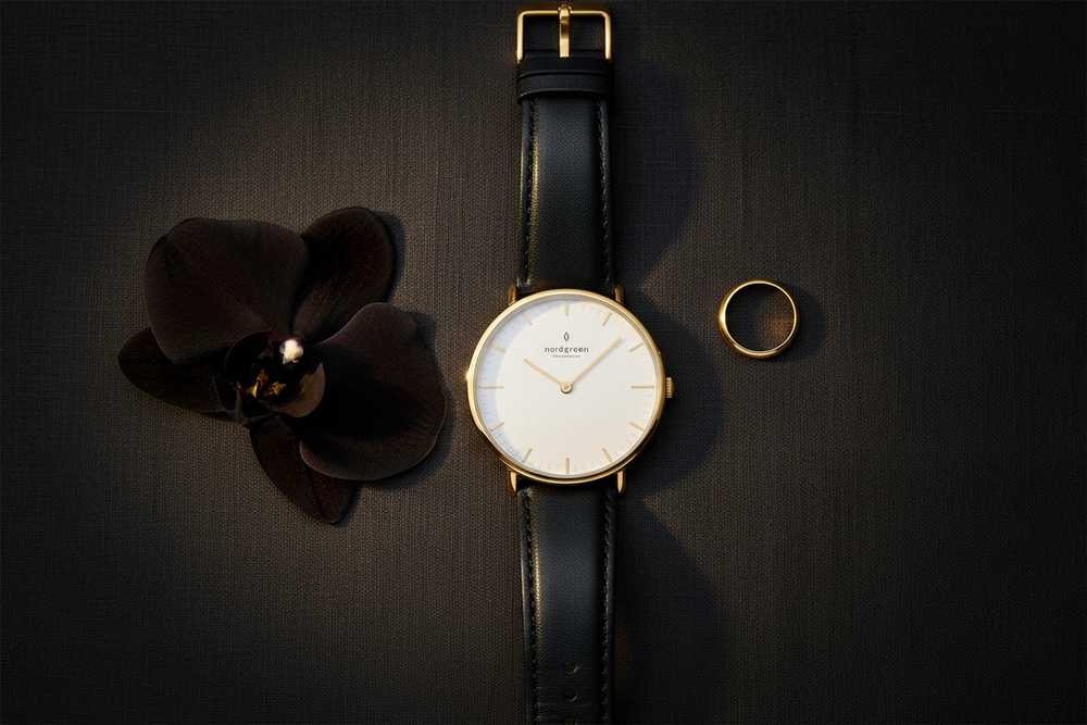 Nordgreen Native Yellow Gold Black Leather Flat Lay Lifestyle