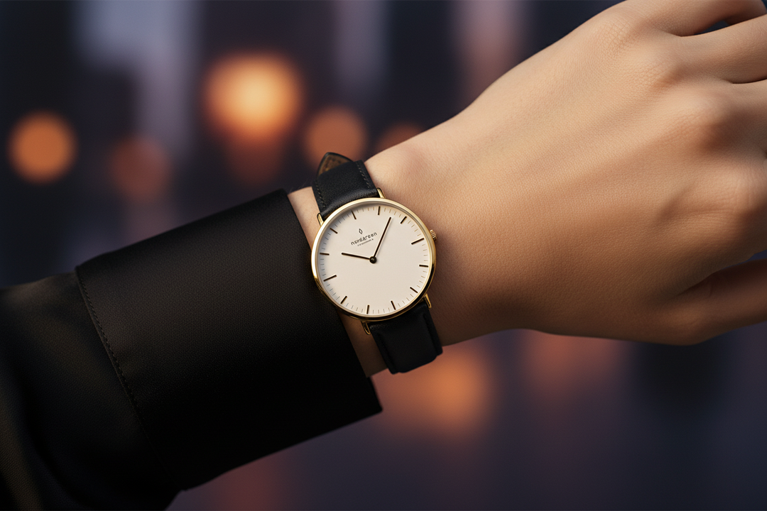 Nordgreen Native Yellow Gold Black Leather Wrist Lifestyle