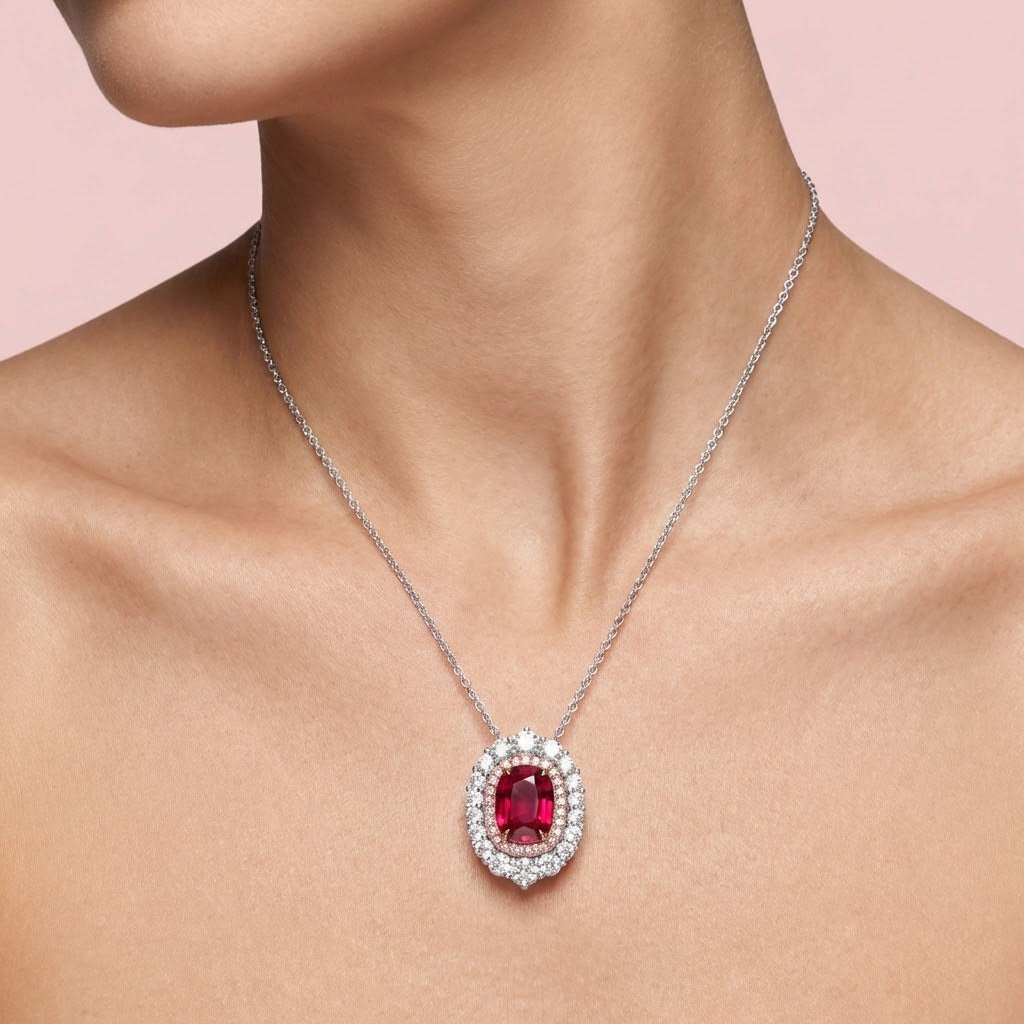 Leibish Oval Pigeon Blood Ruby and Diamond Double Halo Pendant
