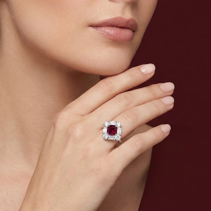 Leibish Cushion Red Ruby and Diamond Halo Ring