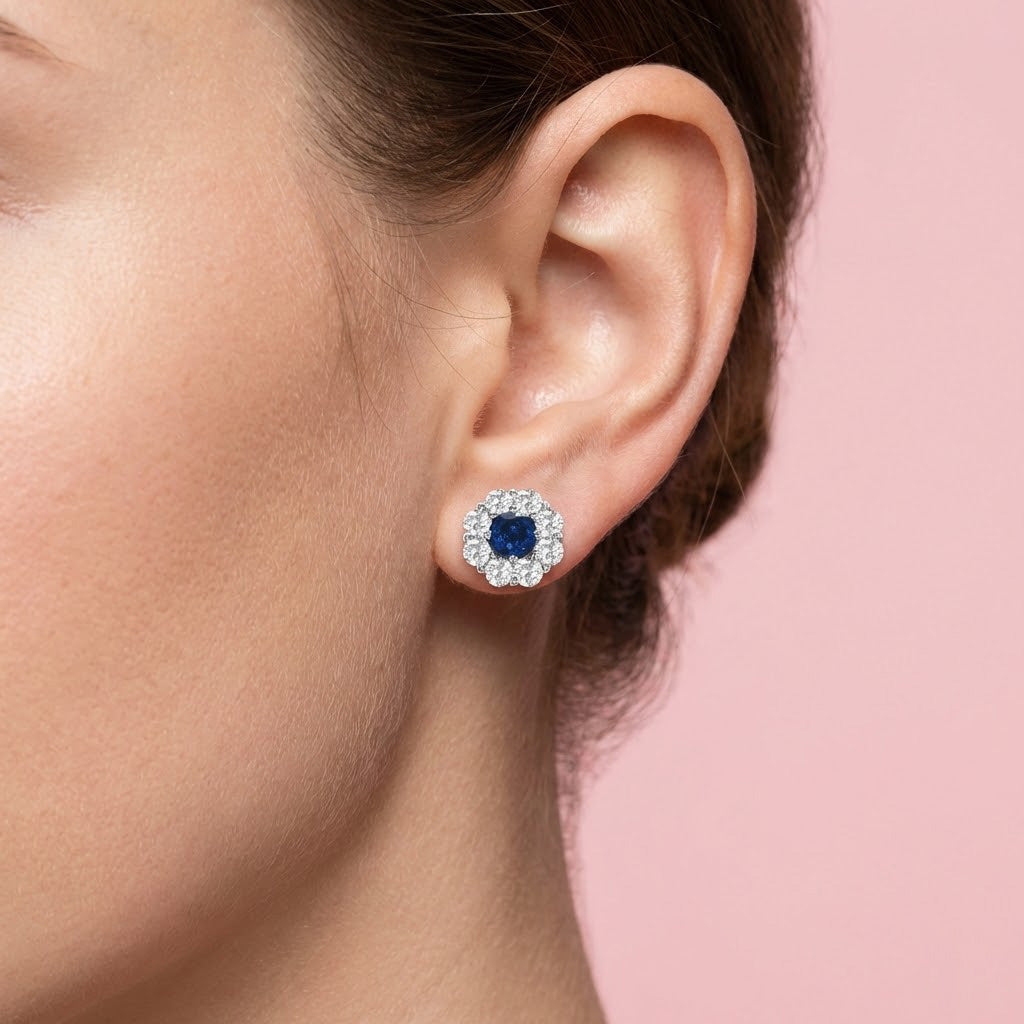 Leibish Round Blue Sapphire and Diamond Halo Earrings