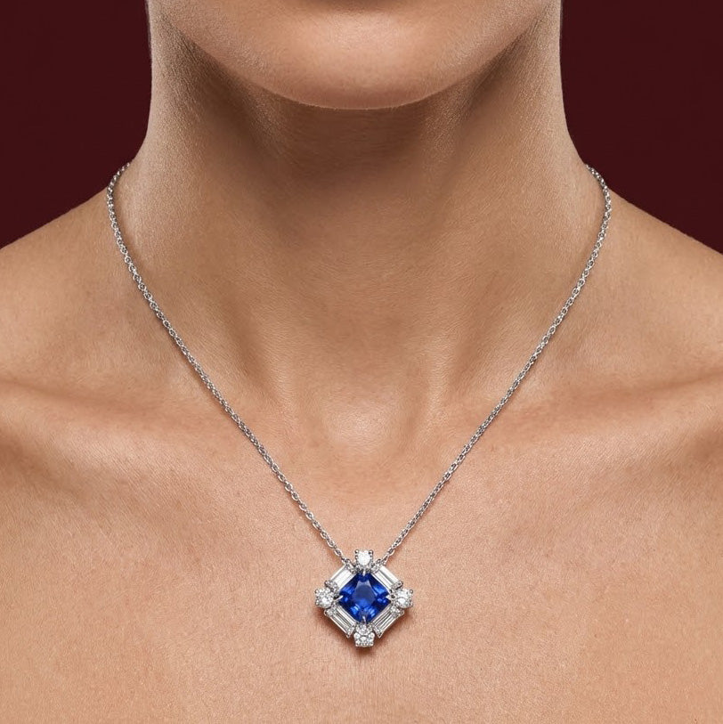 Leibish Round Blue Sapphire and  Baguette Diamond Halo Pendant