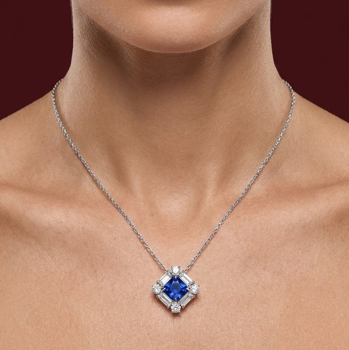 Leibish Round Blue Sapphire and  Baguette Diamond Halo Pendant