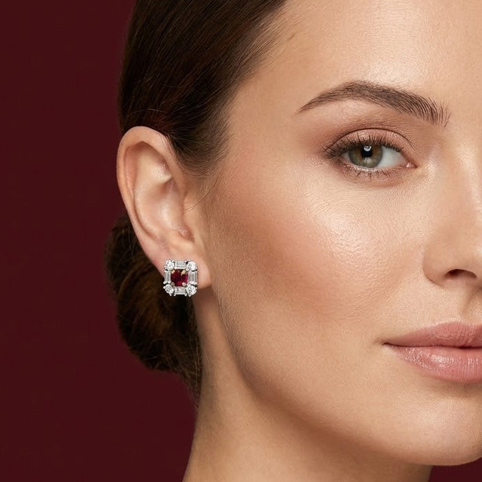 Leibish Extraordinary Round Red Ruby and Diamond Halo Stud Earrings